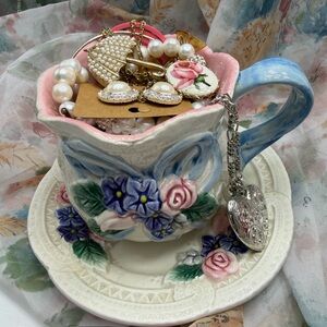 Vintage Jewelry in Fitz and Floyd Teacup - Pink & Blue